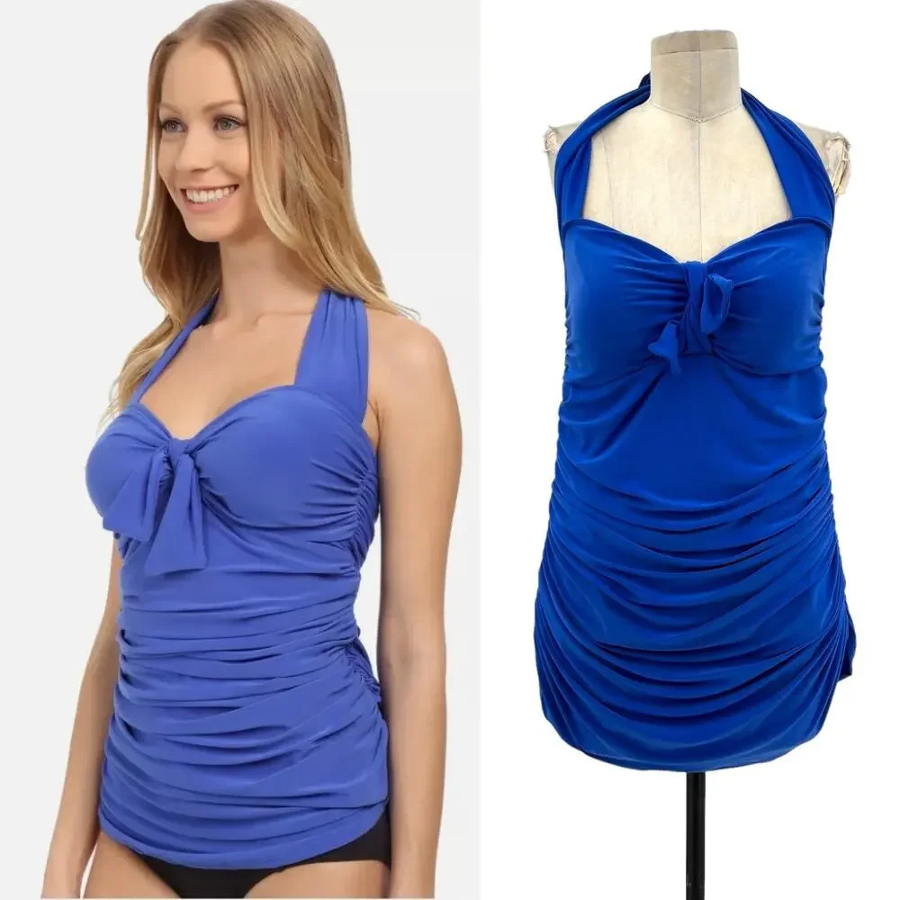 MagicSuit Ruched Sweetheart Halter Tankini Top Swim Blue Size US 12